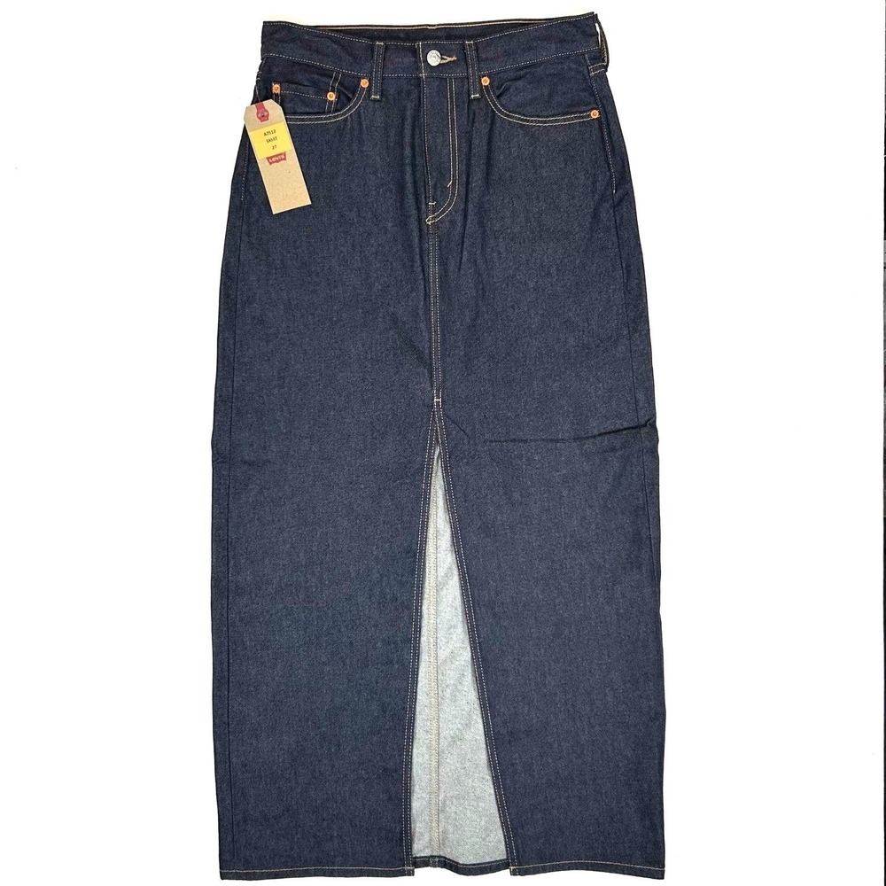 Levis Premium Dark Wash Denim Maxi Skirt High Waisted Front Slit A7512 Size 30w
